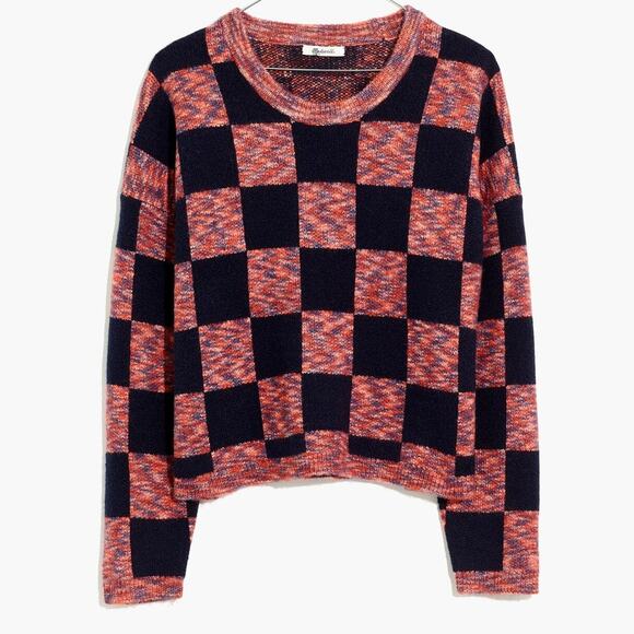 Madewell Sweaters - NWT Madewell Checkered Pullover Sweater Boxy Cropped Navy Blue Pink Size Large